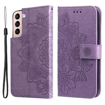 Stylish Phone Case Imprint Flower Pattern PU Leather Stand Wallet Flip Protective Shell with Strap for Samsung Galaxy S22 5G