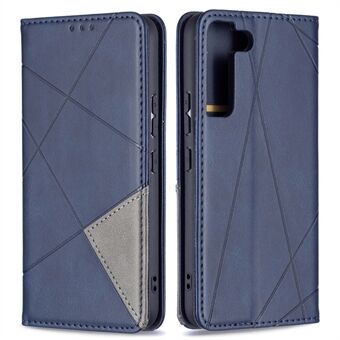 Rhombus-like Imprinting Magnetic Closure Shockproof Drop-proof Card Slots Design Leather Stand Phone Case Shell for Samsung Galaxy S22 5G