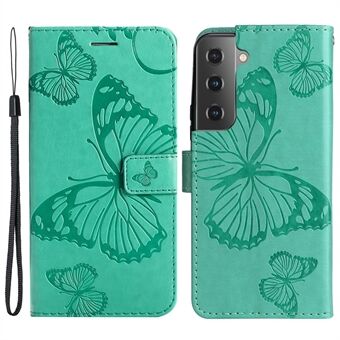 KT Imprinting Flower Series-2 Imprinted Butterfly Pattern PU Leather Case Wallet Stand Magnetic Closure Stylish Flip Cover with Strap for Samsung Galaxy S22 5G