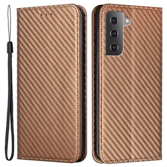 For Samsung Galaxy S22 5G Carbon Fiber Texture Stand Wallet Design Auto-absorbed Leather Case Cover with Hand Strap