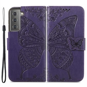 Fashionable Imprinted Butterfly Flower Scratch-resistant PU Leather + TPU Shockproof Phone Case Flip Stand Cover with Strap for Samsung Galaxy S22 5G