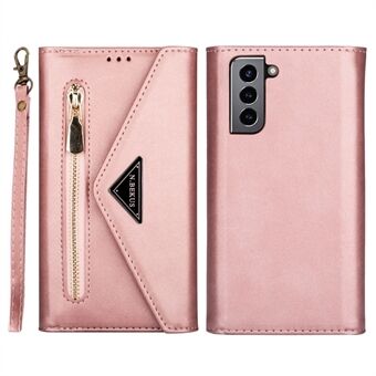 Well-protected Leather Zipper Wallet Design Skin Feeling Anti-drop Strap Phone Case Cover with Stand for Samsung Galaxy S22 5G