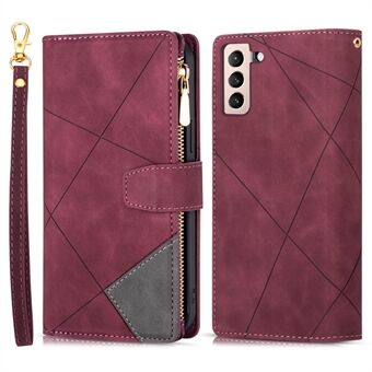 Zipper Pocket Color Splicing Lines Design Case Well-protected PU Leather Wallet Stand Phone Cover for Samsung Galaxy S22 5G