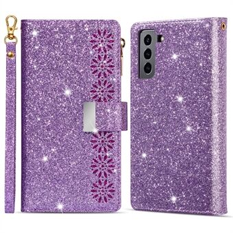 Laser Carving Glittery Starry Style Magnetic Clasp Zipper Wallet Stand Leather Phone Case with Strap for Samsung Galaxy S22 5G