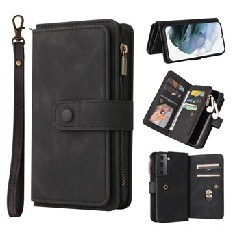 For Samsung Galaxy S22 5G Zipper Pocket Anti-fingerprint PU Leather+TPU KT Multi-functional Series-2 Multiple Card Slots Phone Shell Phone Stand Case with Wrist Strap