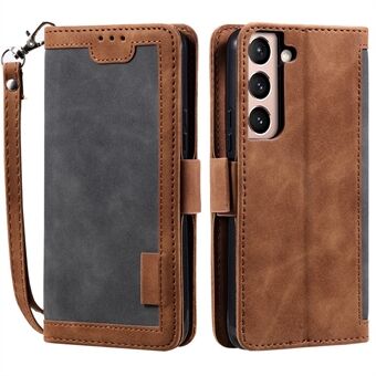 Stand Wallet Design Wrist Strap Retro Style Color Splicing Well-protected PU Leather Phone Case Cover for Samsung Galaxy S22 5G