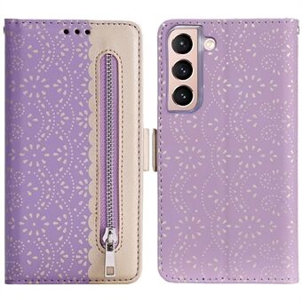 Shock-absorption Lace Leather Case Zipper Wallet Stand Phone Cover with Bowknot Strap for Samsung Galaxy S22 5G