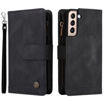 Stripes Imprinted Skin-touch Wallet Stand Leather Cover Card Slots Phone Case with Zipper Pocket for Samsung Galaxy S22 5G