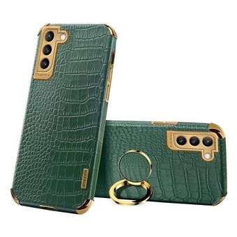 For Samsung Galaxy S22 5G Mobile Phone Cover PU Leather+TPU Crocodile Texture Kickstand Electroplating Finger Ring Holder Phone Case