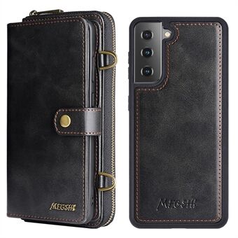 MEGSHI 020 Series PU Leather Case for Samsung Galaxy S22 5G, Shoulder Strap Anti-fall Wallet Magnetic Detachable 2-in-1 Mobile Case Shell