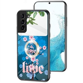 Magic Mirror Series for Samsung Galaxy S22 5G Flower Pattern Mirror Phone Cover TPU Frame Tempered Glass + PC Back Case with Ring Kickstand