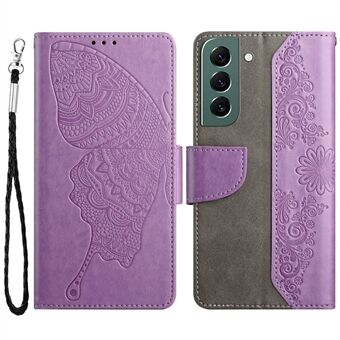 For Samsung Galaxy S22 5G Wallet Stand Function PU Leather Butterfly Flower Imprinted Phone Case