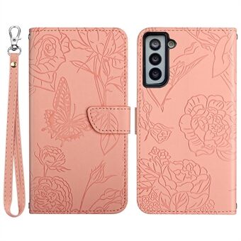 Imprinting Butterfly Flower Phone Case for Samsung Galaxy S22 5G, Skin-touch Wallet Stand PU Leather Cover with Hand Strap