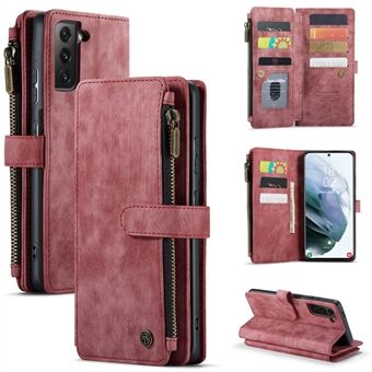 CASEME C30 Series Zipper Pocket Leather Case for Samsung Galaxy S22 5G, Multiple Card Slots Magnetic Clasp Phone Shell with Stand