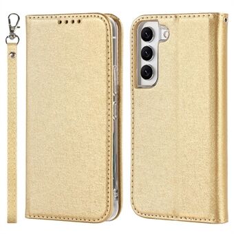 For Samsung Galaxy S22 5G Anti-scratch PU Leather Silk Texture Phone Case Stand Wallet Well-protected Cover with Strap