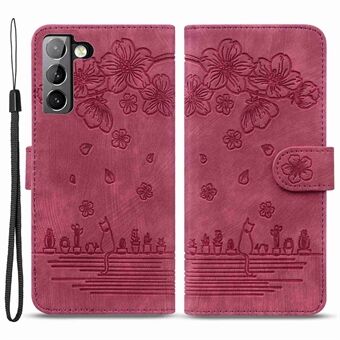 For Samsung Galaxy S22 5G Anti-fall Scratch-resistant Phone Wallet Case Cherry Blossom Cat Imprinted PU Leather Stand Well Protection Cellphone Cover with Strap