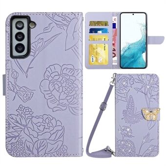 Rhinestone Decor Wallet Stand Case for Samsung Galaxy S22 5G, Butterfly Flowers Imprinted Leather Phone Cover with Shoulder Strap