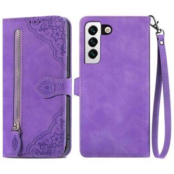 For Samsung Galaxy S22 5G Wallet Style Anti-drop Imprinted Leather Magnetic Phone Case Zipper Pocket Design Shell with Stand