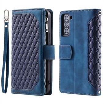 005 Style for Samsung Galaxy S22 5G Stylish Rhombus Texture PU Leather Phone Cover Zipper Pocket Card Cash Holder Shockproof Shell with Wrist Strap