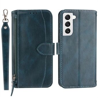 For Samsung Galaxy S22 5G Stand Wallet Function Phone Case Zipper Pocket Full Protection Scratch-resistant PU Leather Shell with Long  /  Short Straps