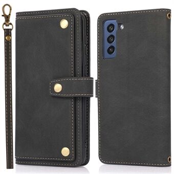 For Samsung Galaxy S22 5G Drop-proof Phone Flip Wallet Cover Stand Card Holder Full Protection PU Leather Phone Case with Strap