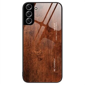 For Samsung Galaxy S22 5G Wooden Pattern Wear-resistant Back Cover Tempered Glass + TPU Anti-fall Phone Case