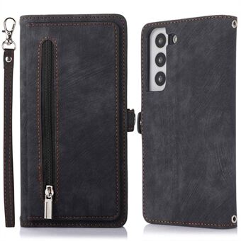 For Samsung Galaxy S22 5G PU Leather Zipper Folio Wallet Case Multi-Functional 9 Card Holder Slots Flip Protective Phone Cover with  Wrist Strap