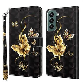 Flip Wallet Phone Case For Samsung Galaxy S22 5G, Drop-proof PU Leather 3D Pattern Printing Stand Magnetic Closure Cover with Strap