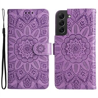 For Samsung Galaxy S22 5G Drop-proof Phone Flip Wallet Case Sunflower Imprinted Stand Magnetic PU Leather Cell Phone Cover with Strap