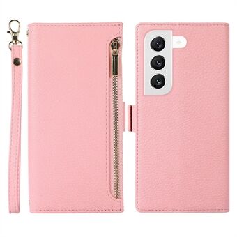 For Samsung Galaxy S22 5G Litchi Texture Zipper Pocket Stand Flip Case PU Leather Wallet Handbag Folio Magnetic Shell Phone Cover with Strap