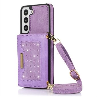 For Samsung Galaxy S22 5G RFID Blocking Tri-fold Wallet PU Leather Coated TPU Protective Cover Phone Kickstand Case with Shoulder Strap