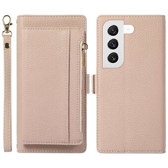 Litchi Texture Phone Cover For Samsung Galaxy S22 5G, 2 in 1 Anti-scratch Magnetic Flip Leather Case Stand Detachable Zipper Pocket Wallet with Strap