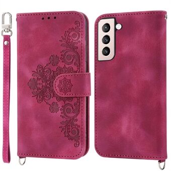 For Samsung Galaxy S22 5G Skin-friendly Imprinted Flowers PU Leather Phone Case Stand Multiple Card Slots Protective Phone Cover with Wrist Strap and Shoulder Strap