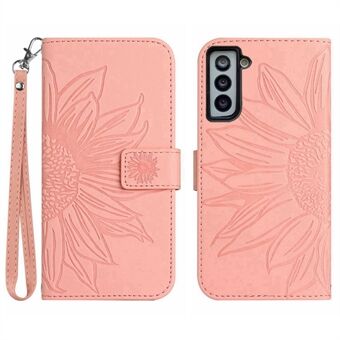 For Samsung Galaxy S22 5G HT04 Phone Case, Full Coverage Skin-Touch PU Leather Imprinted Sunflower Stand Wallet Cover with Hand Strap