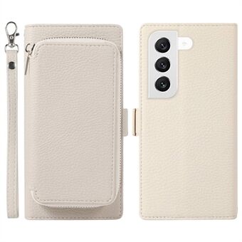 For Samsung Galaxy S22 5G Detachable Magnetic Zipper Card Bag 2-in-1 Litchi Texture PU Leather Shell Flip Stand Wallet Case with Strap