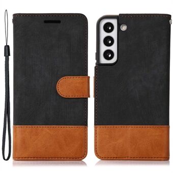 For Samsung Galaxy S22 5G Bi-Color Splicing PU Leather Flip Wallet Case Folding Stand Skin-Touch Feeling Magnetic Phone Cover with Strap