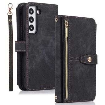 For Samsung Galaxy S22 5G Multiple Card Slots Zipper Pocket Phone Case PU Leather Stand Wallet Flip Cover with Strap