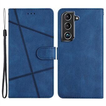 For Samsung Galaxy S22 5G Lines Imprinted Stand Phone Case Crazy Horse Texture PU Leather Flip Wallet Cover with Strap