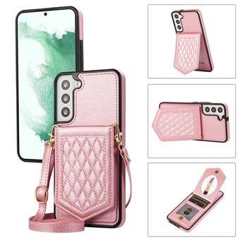 For Samsung Galaxy S22 5G RFID Blocking Card Holder Imprinted Leather Coated TPU Case Mirror Kickstand Phone Cover with Shoulder Strap