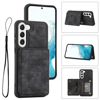 For Samsung Galaxy S22 5G PU Leather Coated TPU Dual Card Holder Phone Case Kickstand Magnetic Closure Protective Cover with Wrist Strap