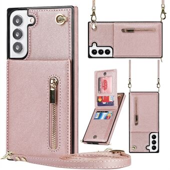 For Samsung Galaxy S22 5G Phone Cover Kickstand Zipper Wallet Leather Coated TPU Case with Shoulder Strap