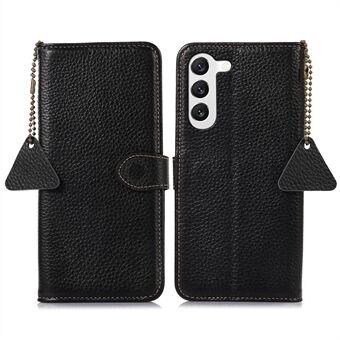 Phone Case For Samsung Galaxy S22 5G Genuine Cow Leather Cover Litchi Texture RFID Blocking Stand Wallet