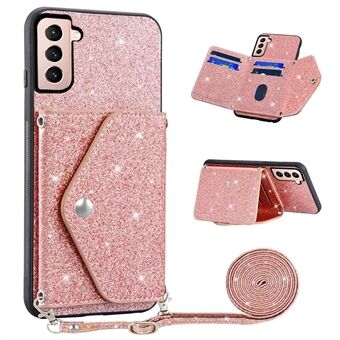 Phone Case with Kickstand Card Holder for Samsung Galaxy S22 5G , PU Leather+TPU Glittery Powder Phone Cover