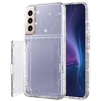 For Samsung Galaxy S22 5G Cardcase Series Glitter Phone Case Card Holder Kickstand Thickened PC + TPU Cover with Mirror - Transparent