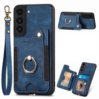 For Samsung Galaxy S22 5G Phone Case with Card Holder RFID Blocking PU Leather Coated PC+TPU Kickstand Cover