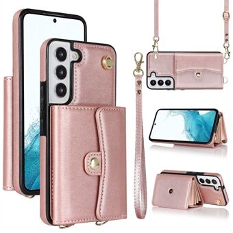 For Samsung Galaxy S22 5G Card Slots Phone Shell PU Leather+TPU Phone Case Kickstand Cover with Short+Long Straps