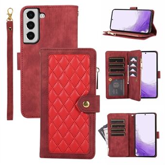 For Samsung Galaxy S22 5G Rhombus Phone Case PU Leather Multiple Card Slots Zipper Pocket Cover