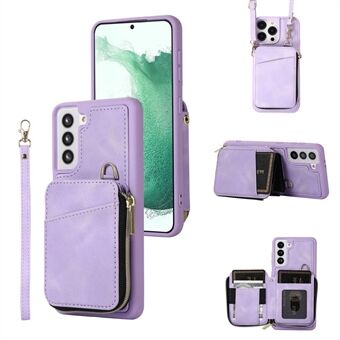 Wallet Phone Case for Samsung Galaxy S22 5G , Zipper Design Cover Kickstand PU Leather+TPU Shell