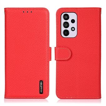 KHAZNEH Litchi Texture Phone Case Top Layer Genuine Leather Anti-collision Wallet Magnetic Closure Flip Cover with Stand for Samsung Galaxy A33 5G