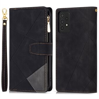 For Samsung Galaxy A33 5G Color Splicing Imprinting Lines PU Leather Cover Inner TPU Phone Shell with Zipper Pocket